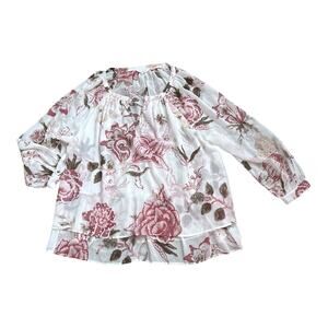 Lucky Brand 2X Sheer Floral Split Neck Peasant Blouse Long Sleeve Boho Flowy Top